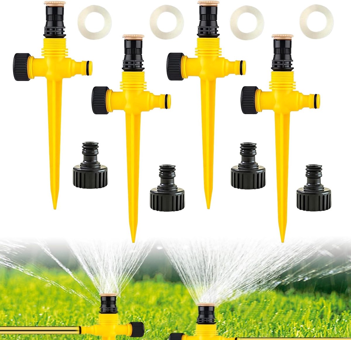 4 paar gazonsproeiers, watersproeier, instelbaar, automatisch bewateringssysteem, automatische tuinwatersproeier op stekelsokkel, 360 graden grote oppervlakteafdekking voor gazon (geel)