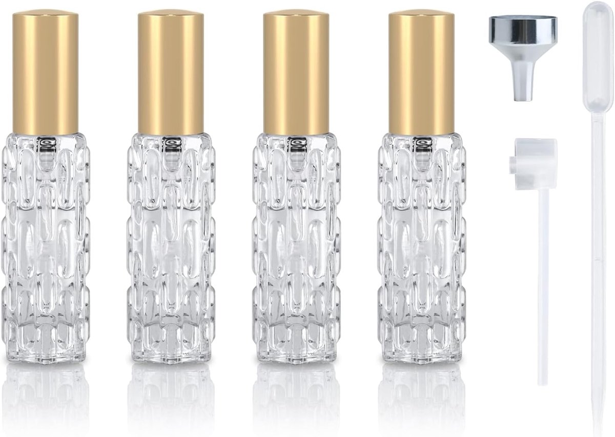 4 Stuks Reis Parfum Verstuiver Navulbaar 10ml, Glazen Parfum Fles, Draagbare Spuitfles Parfum, Perfume Travel Bottle, Mini Geurverstuiver voor Handtas & Broekzak (Goud)