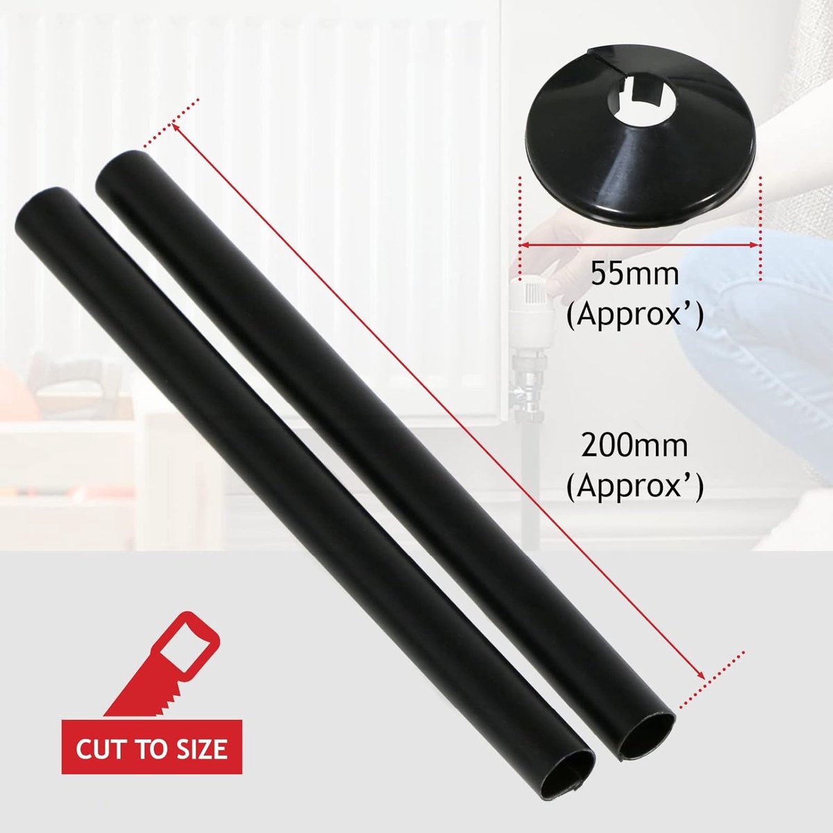 Radiatorbuis Afdekking - Leiding Kraag - Afwerking Installaties - Eenvoudig te Plaatsen - 15mm x 200mm - Zwart