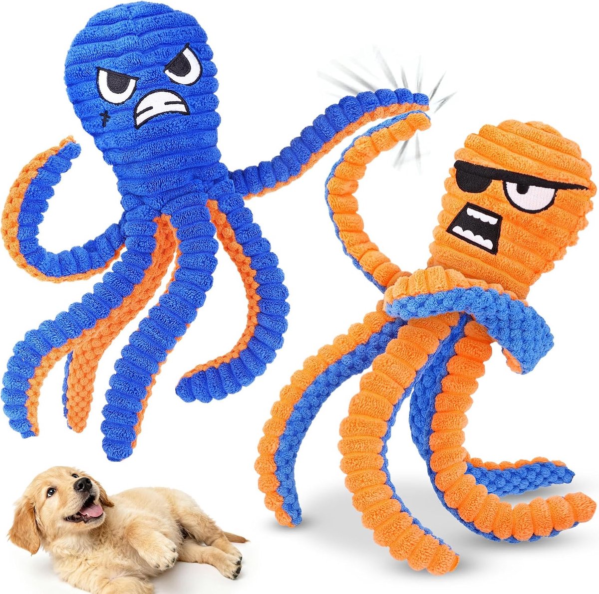 Piepend hondenspeelgoed, knisperende octopus voor kleine en middelgrote rassen, Blauw zichtbaar voor honden, Speelgoed voor krachtige kauwers, interactief hondenspeelgoed zonder vulling