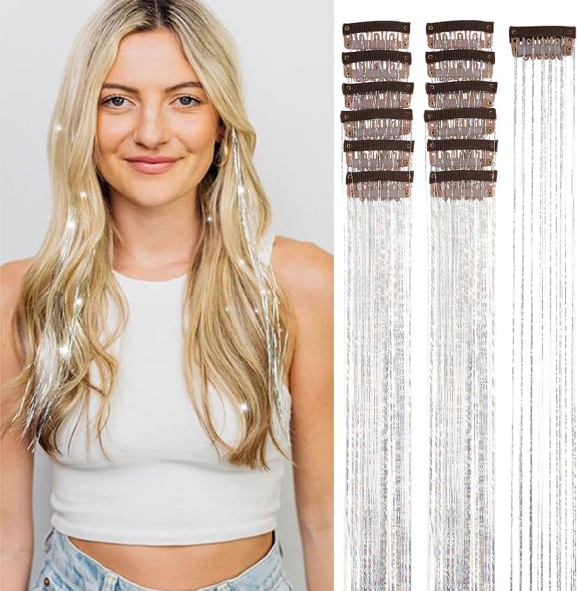 12 stuks zilveren glitterhaarlokken, zilveren haartinsels, zilveren haarlametta om vast te klemmen, glitterhaarverlenging, zilveren clip-in haarstrengen, zilveren strengen voor dames, festival party
