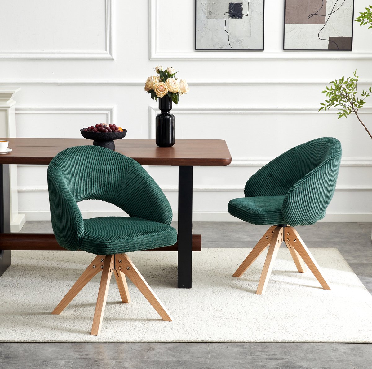 MIVRAY Eetkamerstoel Set Van 2 - 360 Graden Draaibare Kuipstoel Met Armleuning - Voor Eetkamer En Woonkamer - Velvet Donkergroen Hout