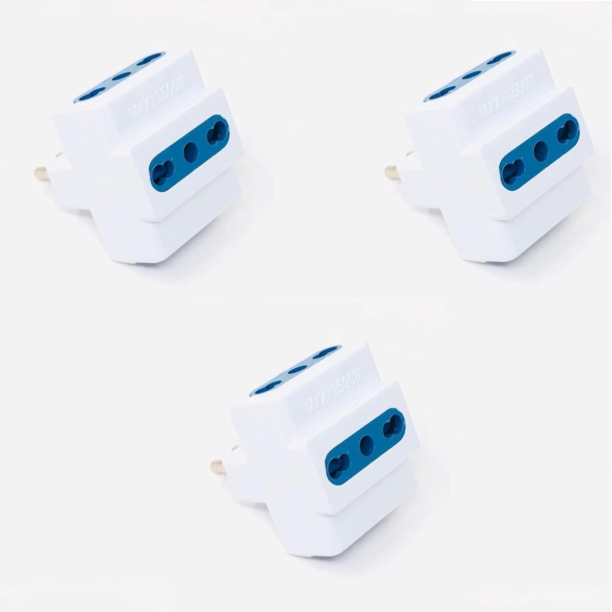 Set met 3 adapters, bipass stekker 16 A/10 A, universeel, 3-voudig stopcontact, wit en blauw