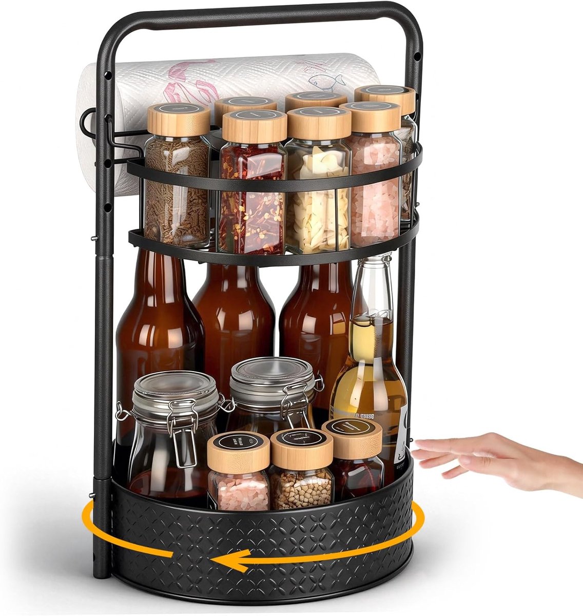 2 etages, draaibaar, ruimtebesparend voor de keuken met keukenrolhouder, 360° Lazy Susan en verstelbare organizer, veelzijdig, antislip, voor eetkamer en commode in de keuken, zwart (45 x 28 x