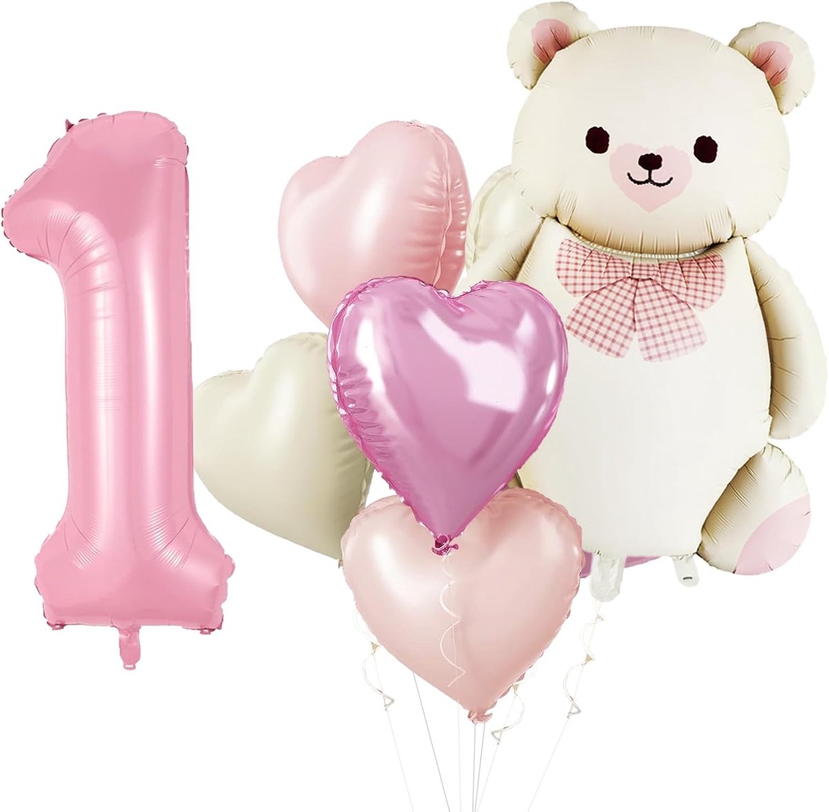 Verjaardagsdecoratie beer 1 jaar roze ballonnen