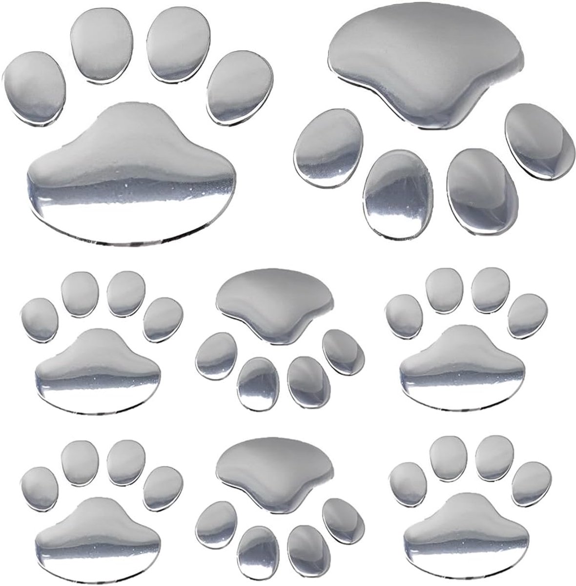 Set van 8 stickers voor auto, 3D, hondenpoot, chroom, decoratie voor auto, voorruit, muur, zilverkleurig