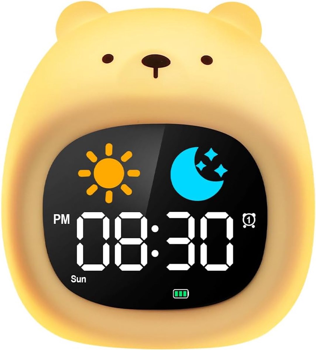 Digitale Wekker Kinderen, Kinderwekker Slaaptrainer, Kinderwekker met Snooze-Functie, Wekker Met Licht, 6 Natuurlijk Geluid Zonsopgang Wekker, Wakker Licht met 8 RGB Kleuren, Cadeaus, Beer