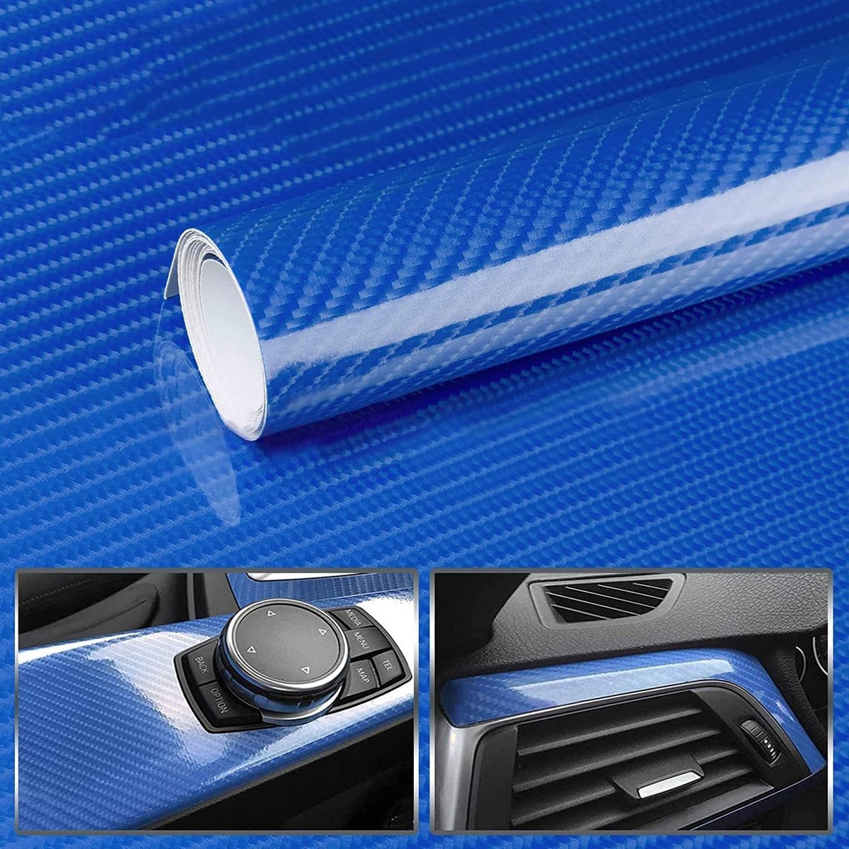 Koolstofvezelfolie, 30 x 150 cm 6D Blauw Carbonfolie Zelfklevend Vinyl Auto Wrapping Folie Waterdichte, Lakbeschermingsfolie voor Auto's, Motoren, Fietsen
