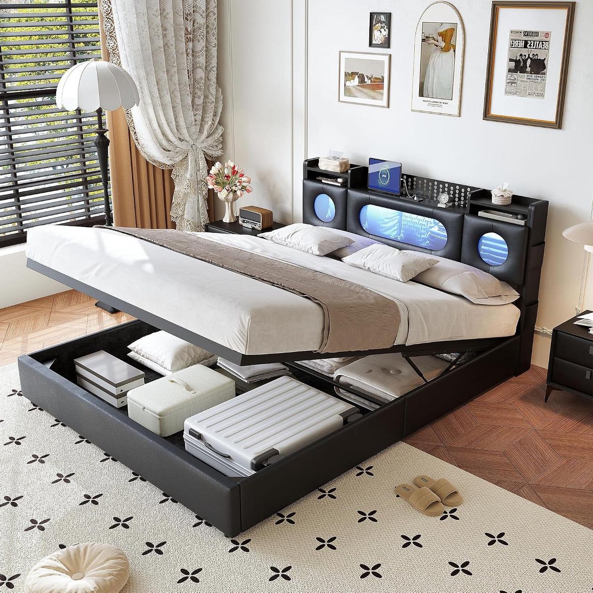 Bedframe met Opbergruimte - Dubbelbed Gestoffeerd Bed - Slaapkamer Inrichten - Geïntegreerde LED en USB - 160x200 cm - Zwart