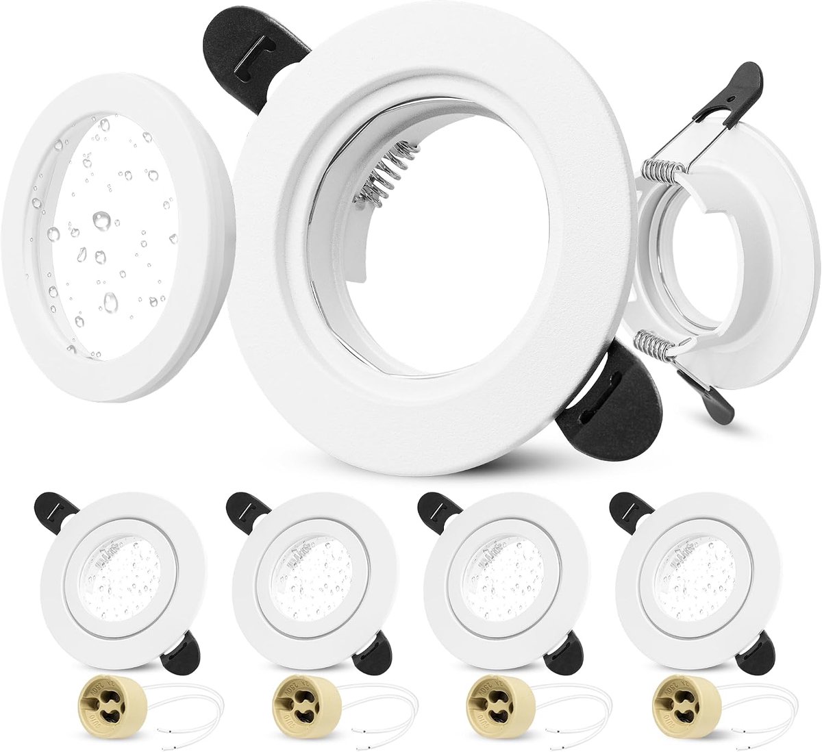 4 x LED Inbouwframe IP65 Incl. GU10 Fitting, LED Inbouwspot 230V 58-75mm, Rond Aluminium Inbouwspots GU10 Plafondspot, Inbouwframes Wit