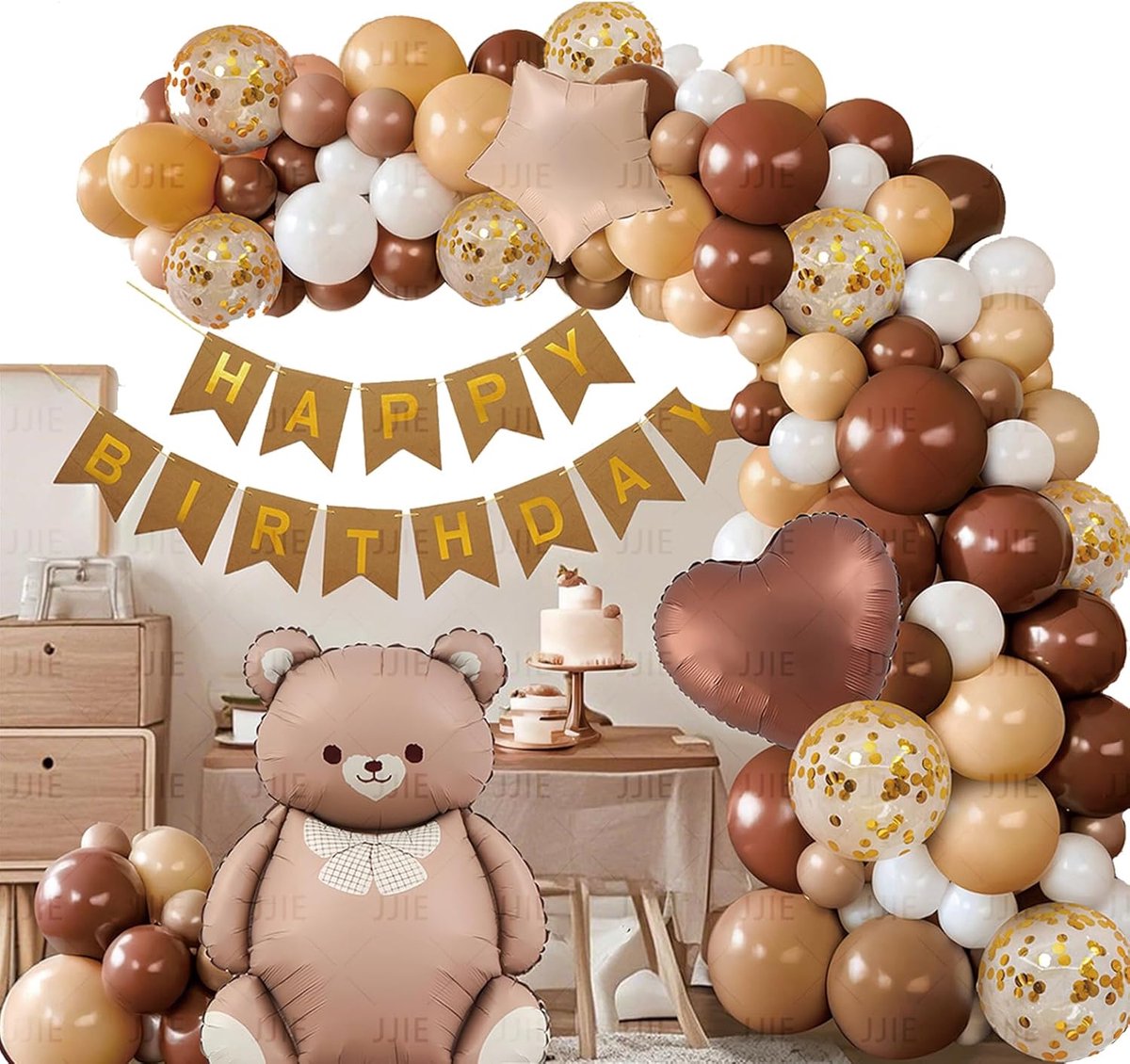 107 stuks schattige beer verjaardagsdecoratie, beren decoratie verjaardag, ballonnen verjaardag, Happy Birthday slinger, banner, beer folieballon, ballonslinger, voor beertjes, themafeest