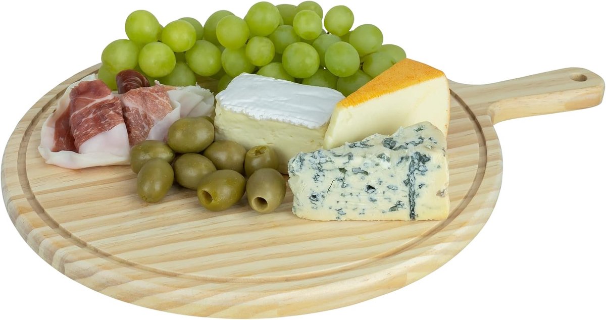 Serveerplank rond met handvat - Snijplank - Borrelplank - Broodplank - Kaasplank - Tapasplank - Rond - Hout - Ophangbaar - Diameter 30 cm - Lichtbruin