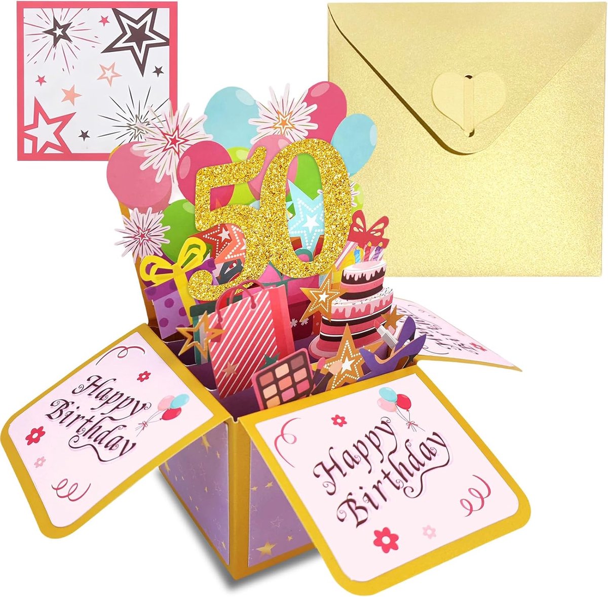 kaart verjaardag 50e roségoud, 3D verjaardagskaart voor vrouwen, Happy Birthday-kaart met envelop en notities, verjaardagskaart kinderen, mama, verjaardagscadeau, cadeaukaart