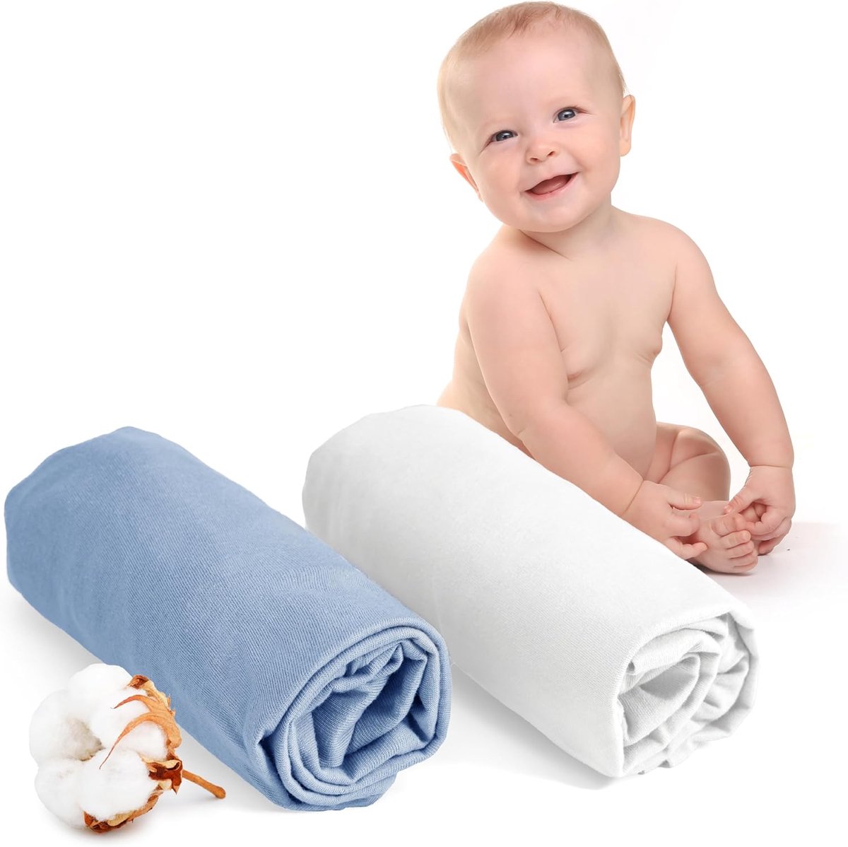 Hoeslaken 60x120 Babybedje (x2) - 100 procent Katoen - Oeko Tex - Kinderhoeslakens - Wit en Blauw