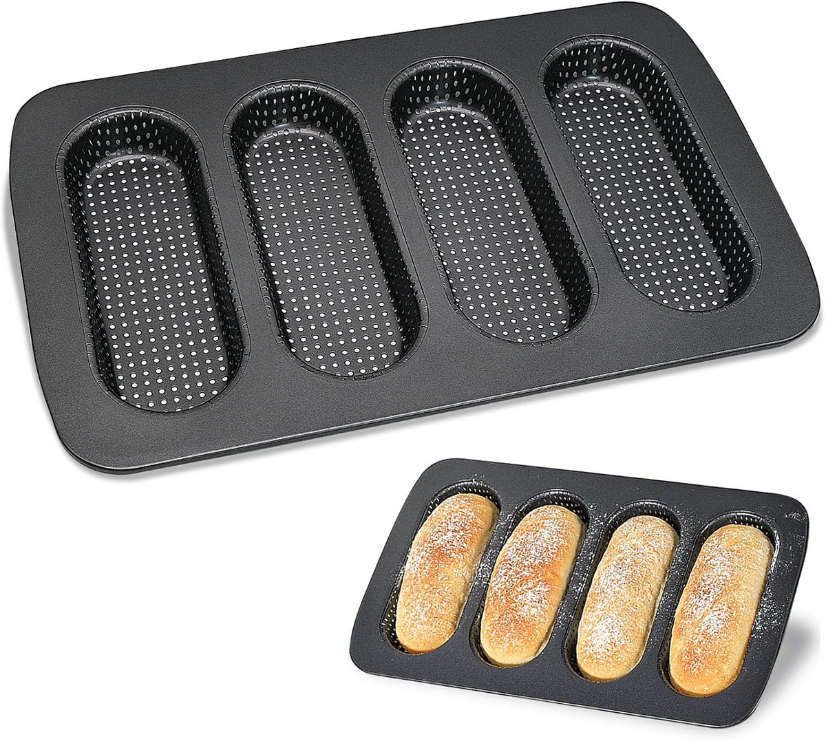 bakvorm van roestvrij staal, 34,7 x 21,5 x 3 cm, baguette-bakplaat met antiaanbaklaag voor 4 knapperige Hot Dog broodjes, ideaal voor baguettevormen, broodvormen (elk 18 x 7 cm)