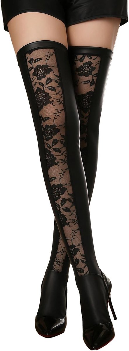 comeondear Halterloze kousen voor dames, PU-leer, overknee-kousen met kant, grote maten, sexy kousen, leren kousen, dijbeenhoog, clubwear, rave outfit, club, cosplay