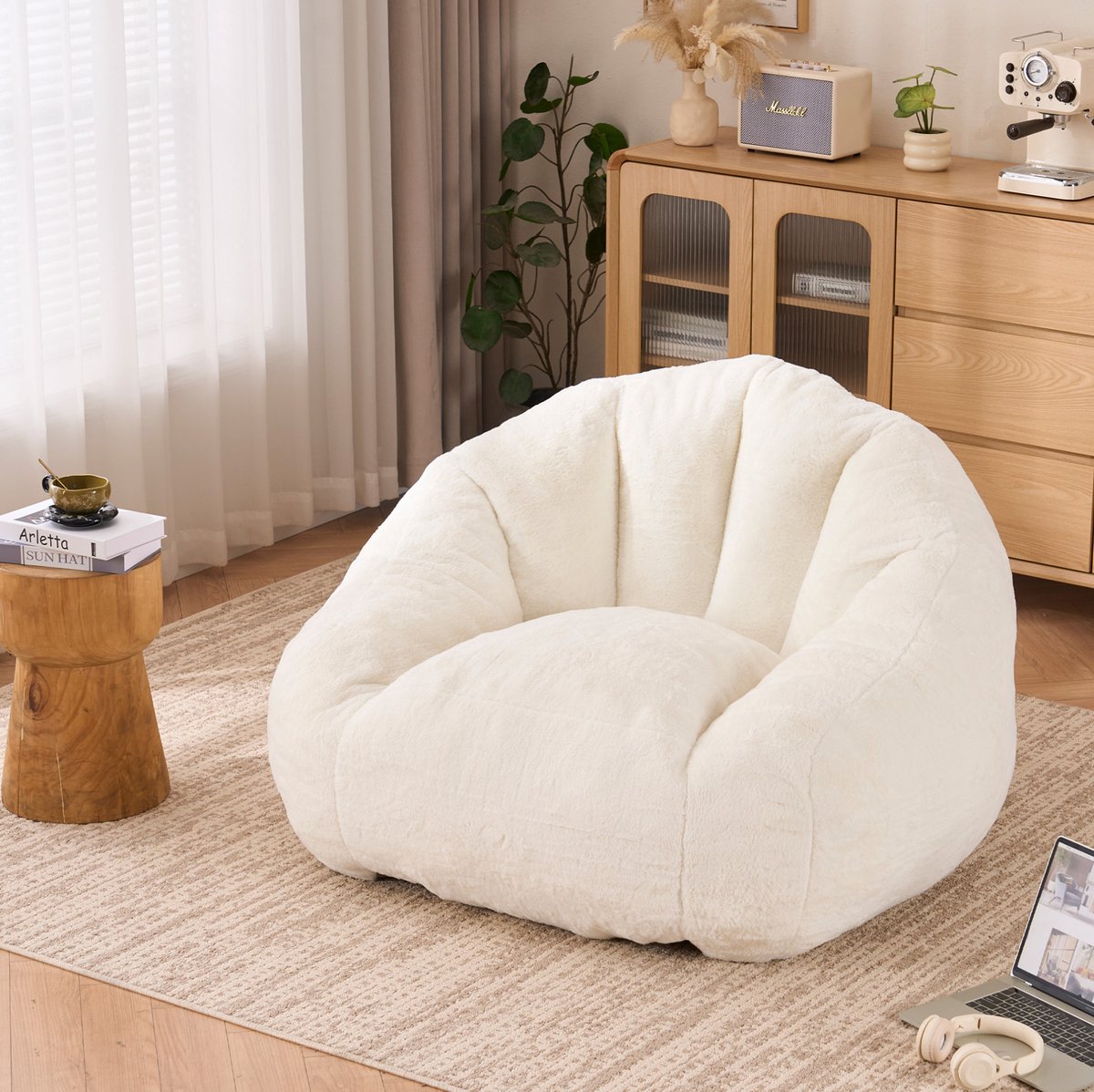 MIVRAY Zitzak 123 x 111 x 75 cm - Met Rugleuning - Zachte Kunstbontlook En Hoge Comfortvulling - Voor Woonkamer En Slaapkamer - Polyester Wit