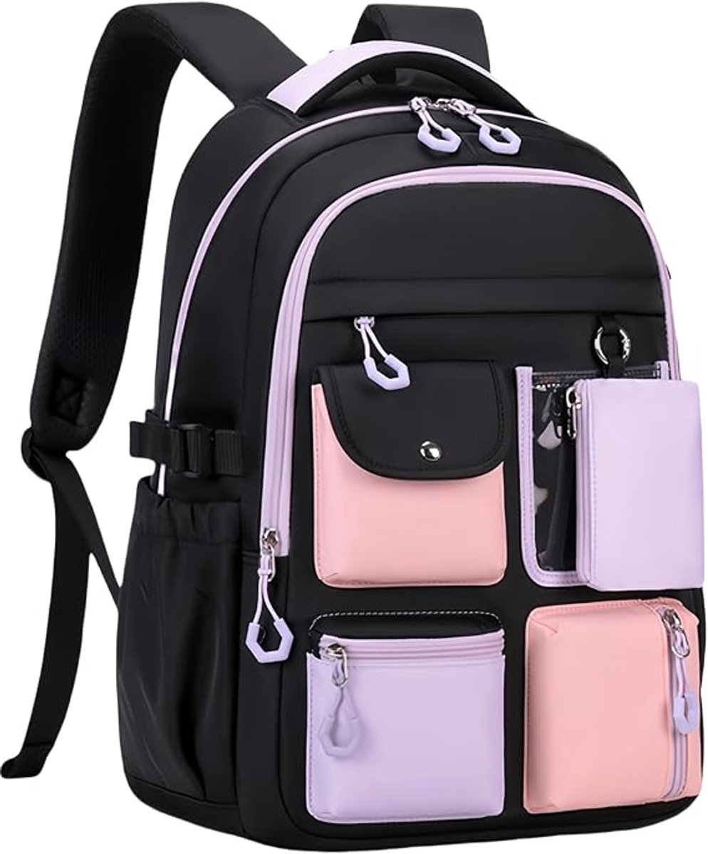 Bobypet Schooltas Meisjes - Color Block Rugzak met Muntportemonnee - Waterafstotende Boekentas met 9 Vakken 24L voor Basisschool en Middelbare School