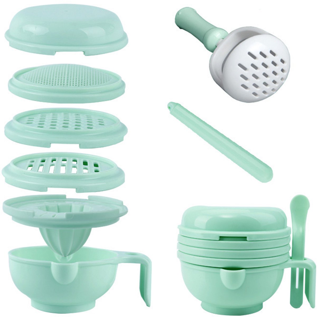Multifunctionele draagbare babyvoedselmaalapparaat set, uitgerust met stampbak, handstamper, citruspers en rasp voor het bereiden van babyhapjes
