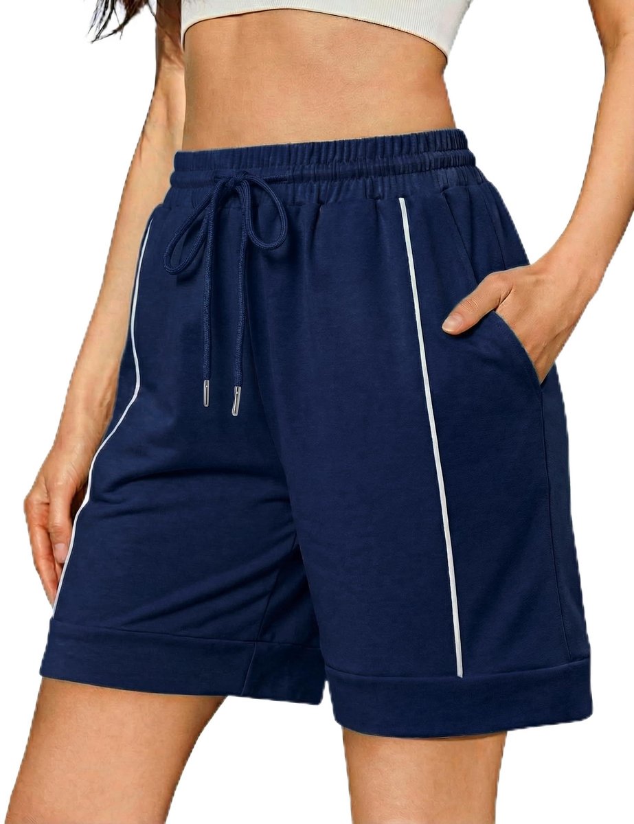 SnelShoppen - Damesshorts Katoen Zomer Sport Met Zakken en Verstelbaar Trekkoord voor Yoga Fitness Hardlopen Fitnessstudio S-XXL Donkerblauw L