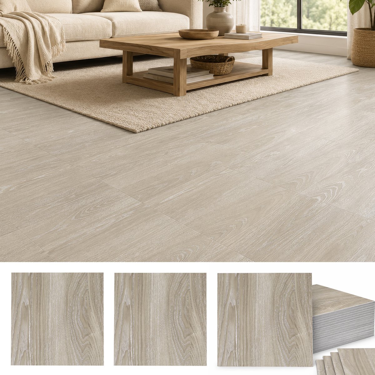 Lemlit Zelfklevende Vloertegels - Vloerstickers en Houtlook Vloerpanelen 30x30 cm, 54 Stuks ca. 5 m², 1,8 mm - Beige Eiken