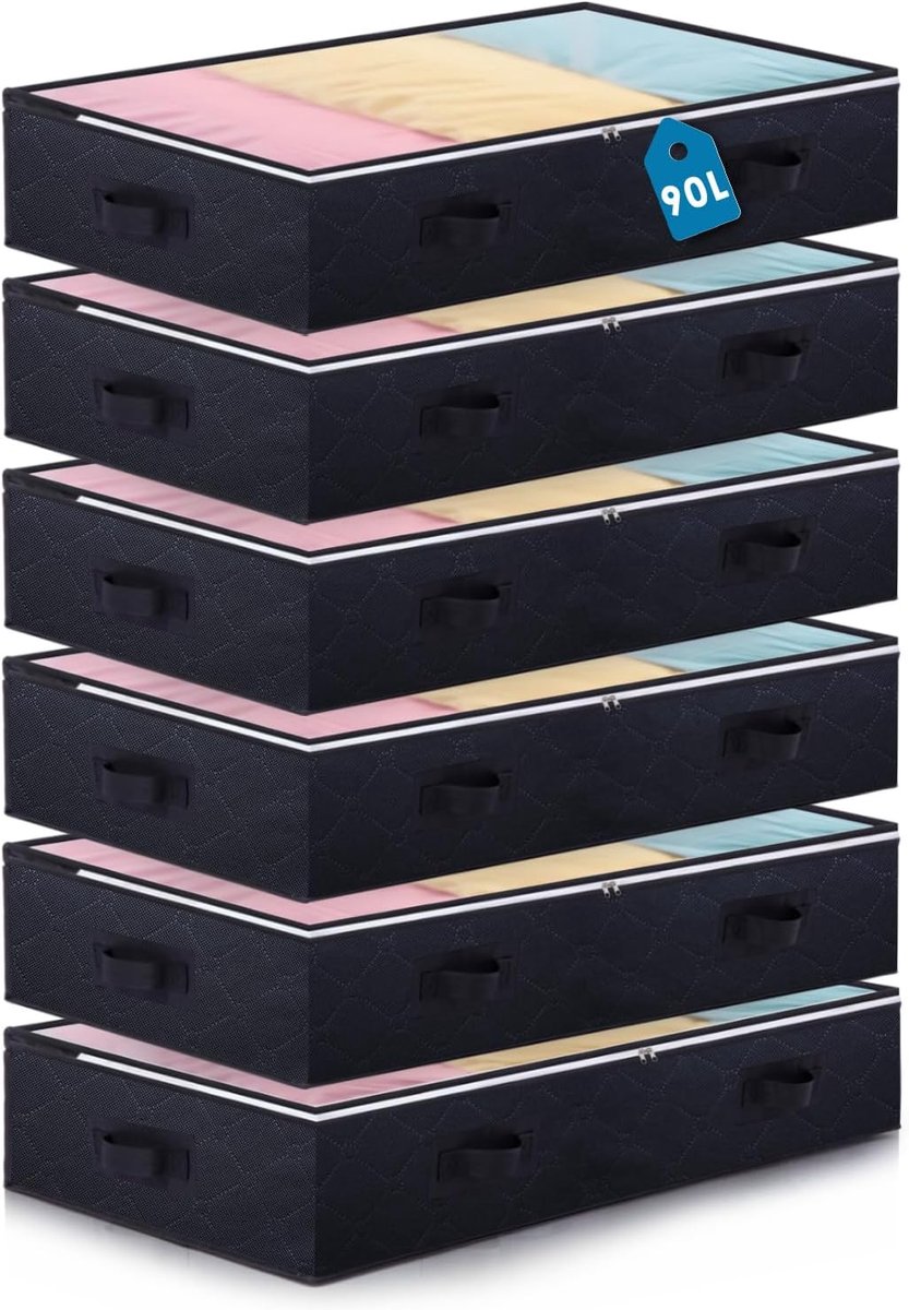 6 stuks 90 l onderbedcommode, opvouwbare opbergbox voor onder het bed, groot, kledingopslag, bedlade, opslag met deksel, voor dekbedden, kleding, onderbed, kledingkast (zwart)