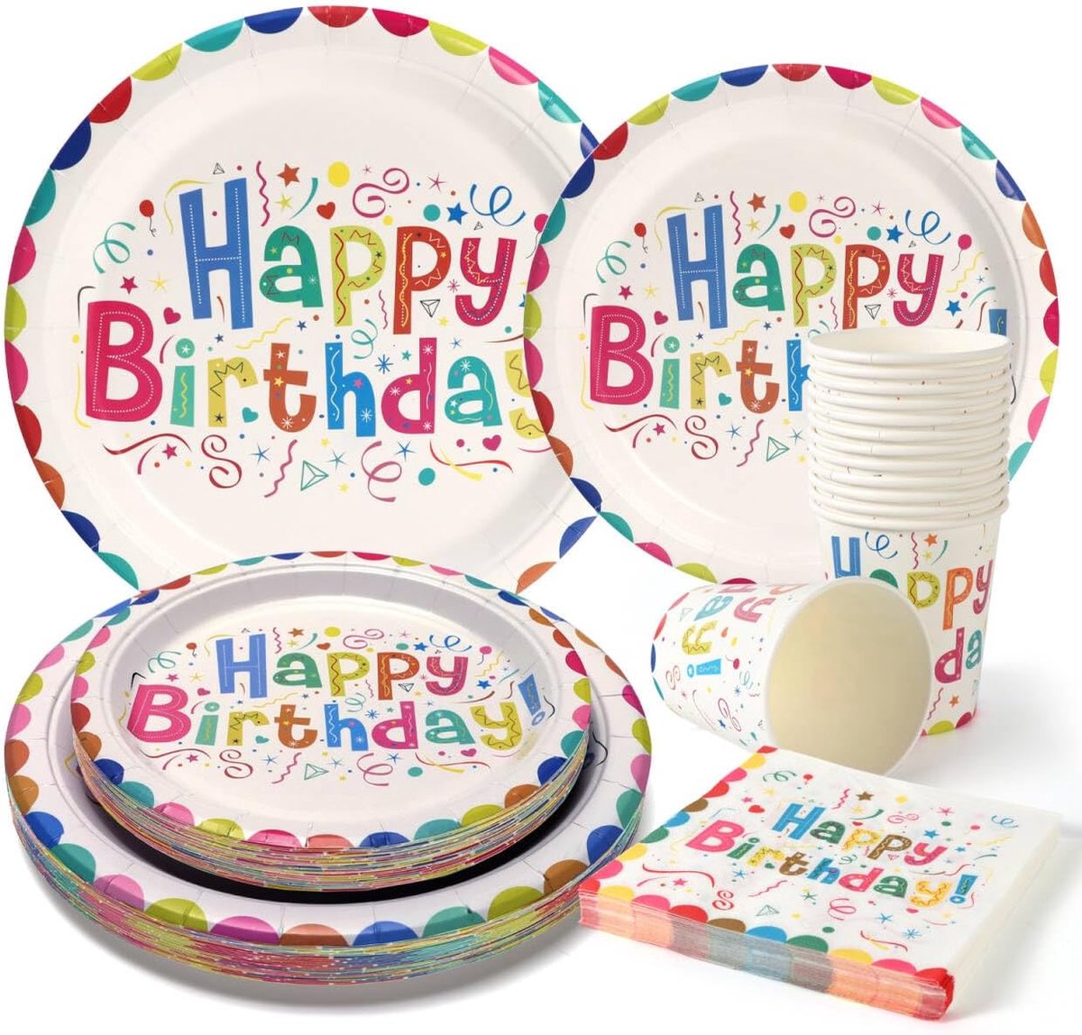 100 stuks verjaardagsfeestservies, papieren borden, set kleurrijke partyborden, feestbekers, servetten, verjaardag, papieren borden, kinderverjaardag, meisjes, jongens, voor 25 gasten