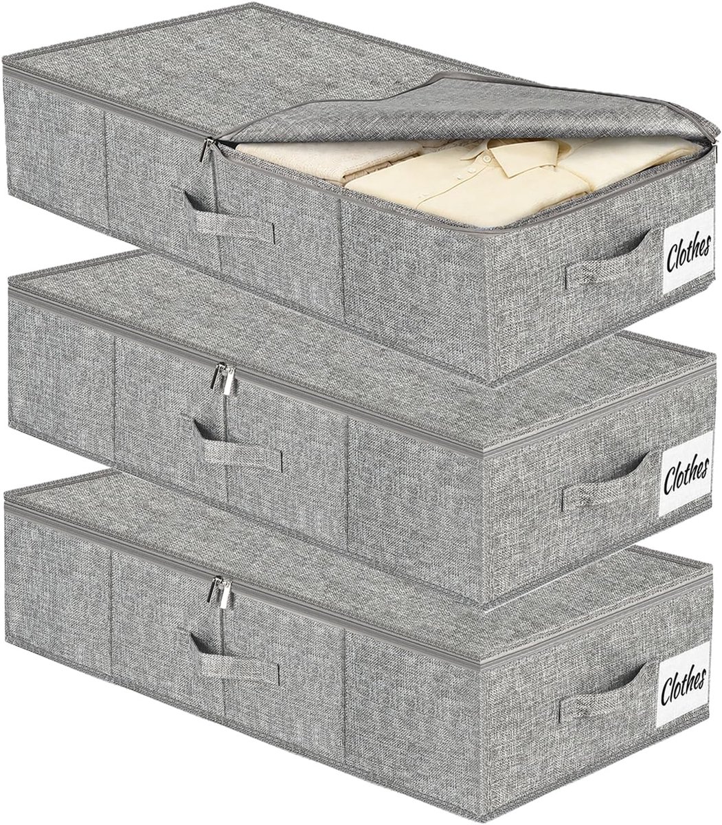 Opbergboxen voor Onder het Bed met Deksel, 50L Opvouwbare Opberger, Stevige Zijkanten en Bodem, 3 Handgrepen, Waterafstotend, voor Kleding, Dekens en Schoenen, 3 Stuks, Grijs