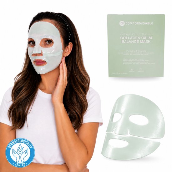 Model met een lichtgroen Comformidable collageen kalmerend en zuiverend gezichtsmasker, dermatologisch getest.