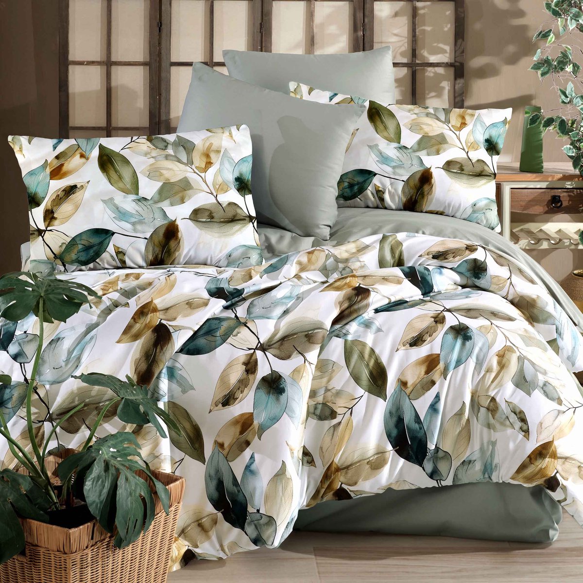 Darymex Luxury Sopron Dekbedovertrek 220x200 cm - Wit / Groen - Aquarel Bladeren & Botanisch Motief - 100% Katoen-Satijn (127 g/m²) - Lits-Jumeaux - Met Ritssluiting - Luxe Cadeaubox - OEKO-TEX® - Met 2 Kussenslopen 70x80 cm