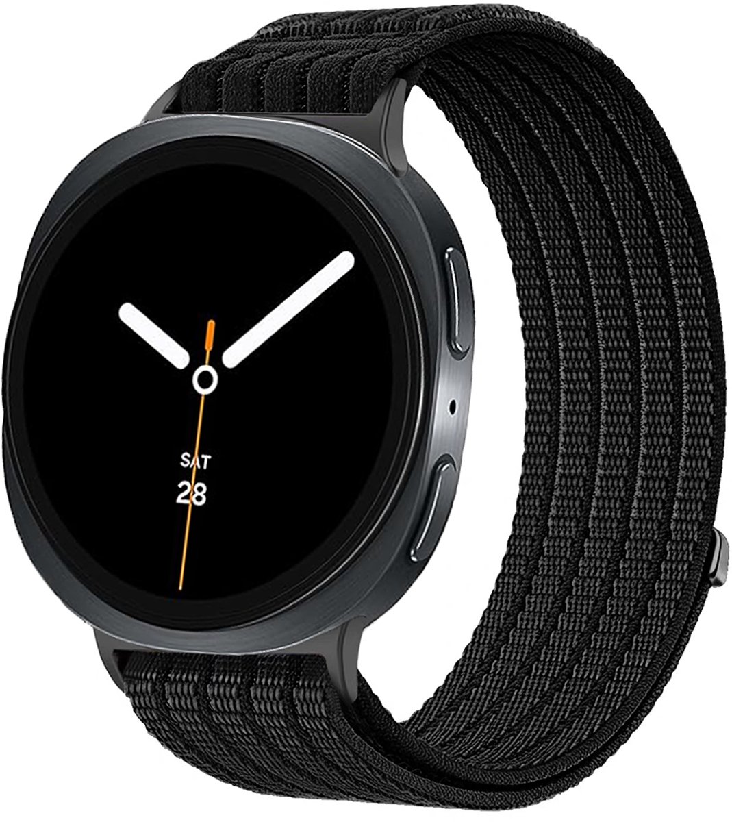 Stravo Nylon Sportbandje met Klittenband – Geschikt voor Samsung Galaxy Watch 9 (40/44mm) / Watch 8 (40/44mm) / Watch 8 Classic (46mm) – Ademend Horlogebandje met Verticale Geweven Structuur – Zwart