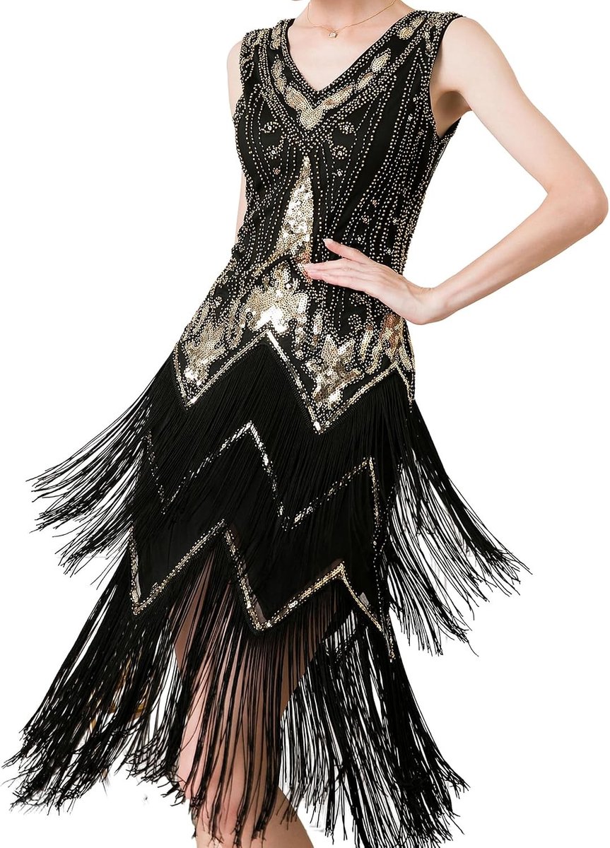 1920s Flapper Jurk met Pailletten en Franje - Glitter V-Hals Gatsby Charleston Party Kostuum voor Vrouwen