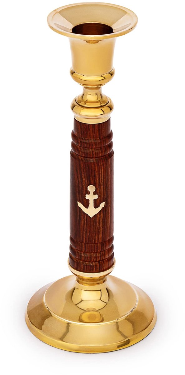 Omgoods - Vintage Kaarsenhouder van Hout en Messing, 17,5 cm Hoog