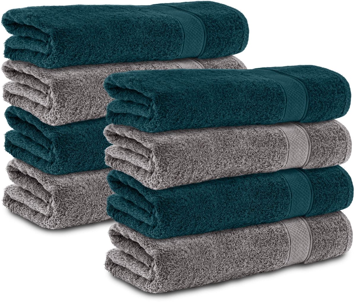 Omgoods - Set van 8 Handdoeken 50x100cm - 100% Katoen - Antraciet/Petrol