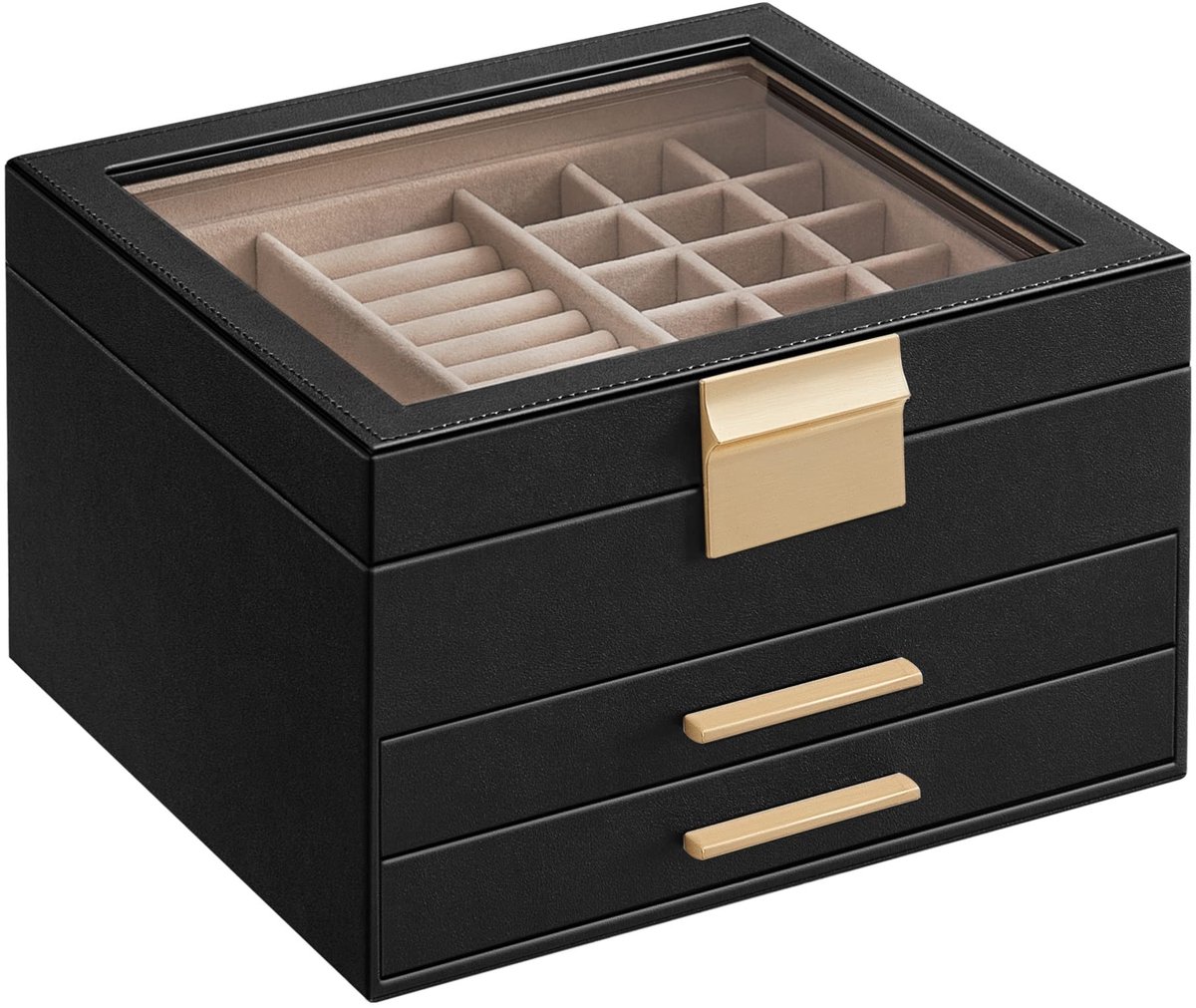 Omgoods - Sieradenbox met Glazen Deksel en 3 Lagen