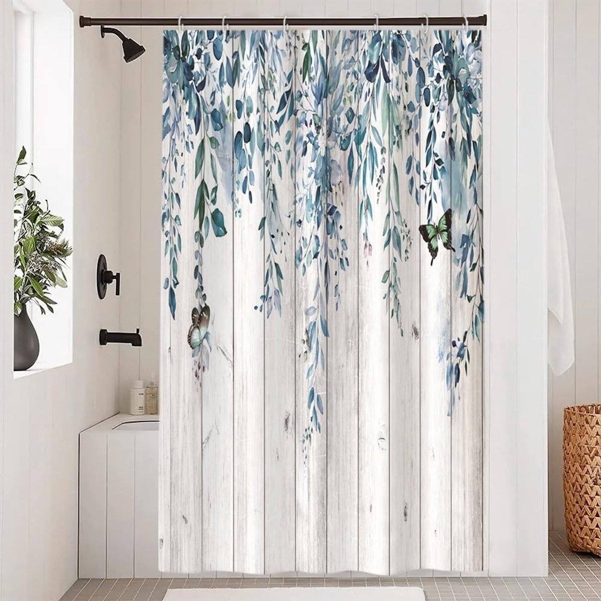 Omgoods - Douchegordijn Eucalyptus Blauw - Vintage Bloemen & Bladeren, Waterdicht Polyester met 8 Haken, 120 x 180 cm