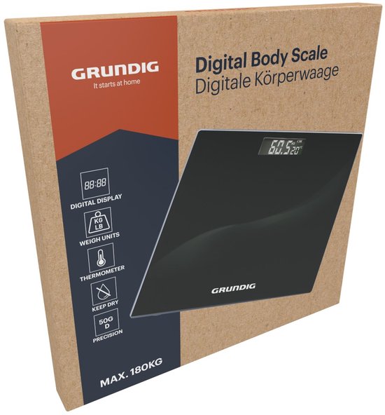 Verpakking van een zwarte digitale weegschaal met de tekst 'DIGITAL BODY SCALE', een display met '60.5 kg' en '20 C'.