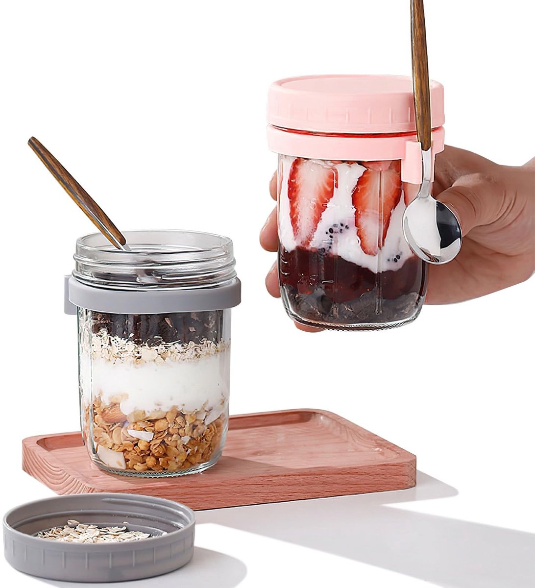 Omgoods - Set van 2 Glazen Overnight Oat Potten met Deksel