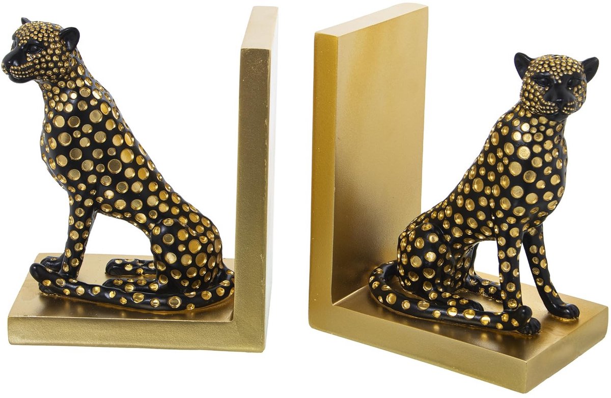 Omgoods - Set van 2 Resin Boeksteunen met Luipaardpatroon in Zwart en Goud