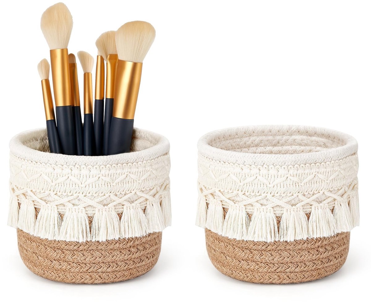Omgoods- Makeup Borstelhouder Decoratief - Opbergmand - Mini Opbergmand - Rieten Mand - 10 x 10 cm - Katoenen Touw