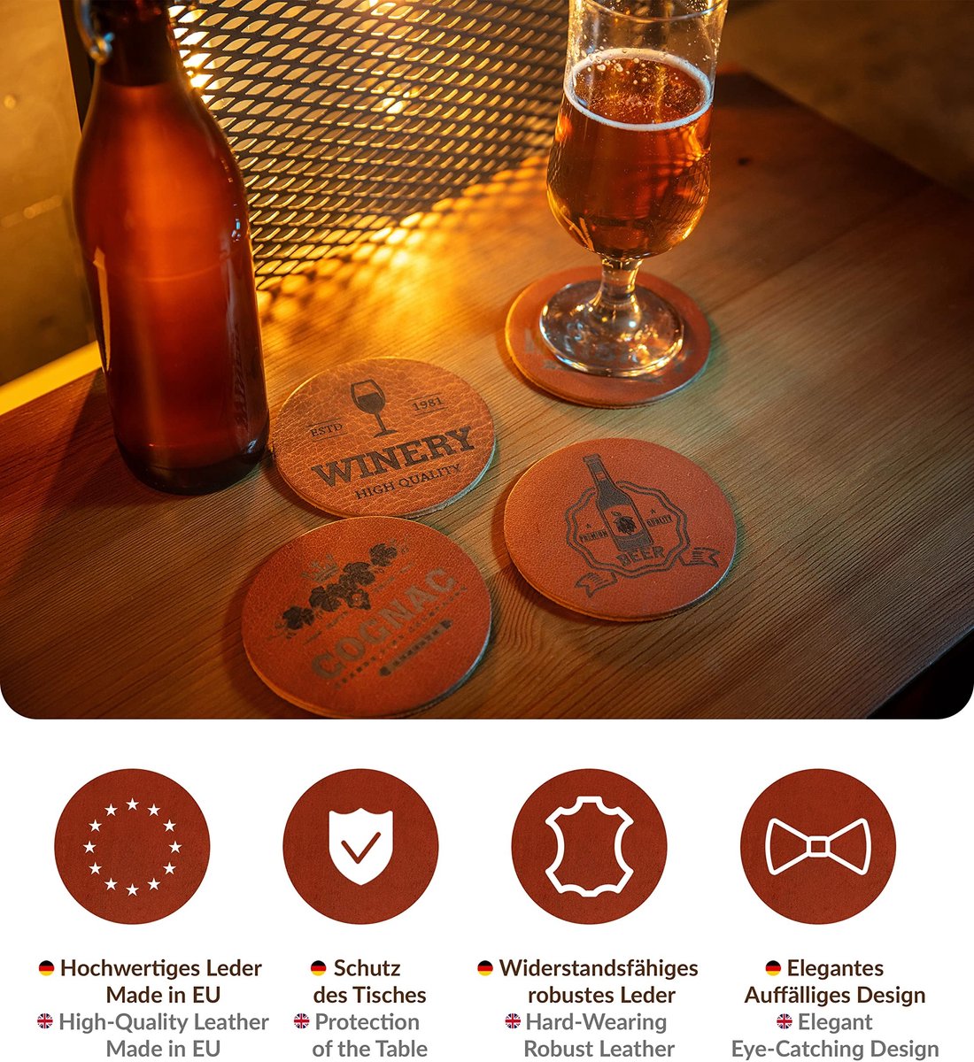 Omgoods - Full Grain Leren Onderzetters Set van 6 - Ronde Coasters van 10 cm