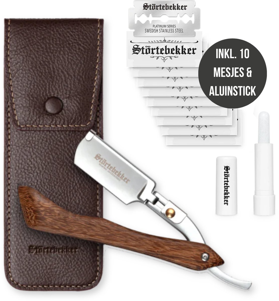 Störtebekker® Premium Scheermes 'Heartwood' met houten handvat in een handgemaakt leren etui - incl. aluinstick & 10 mesjes - Scheermessenset - Scheerset / Barbiersmes - Shavette / Straight Razor