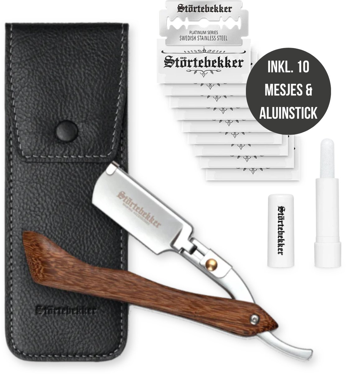 Störtebekker® Premium Scheermes 'Heartwood' met houten handvat in een handgemaakt leren etui - incl. aluinstick & 10 mesjes - Scheermessenset - Scheerset / Barbiersmes - Shavette / Straight Razor