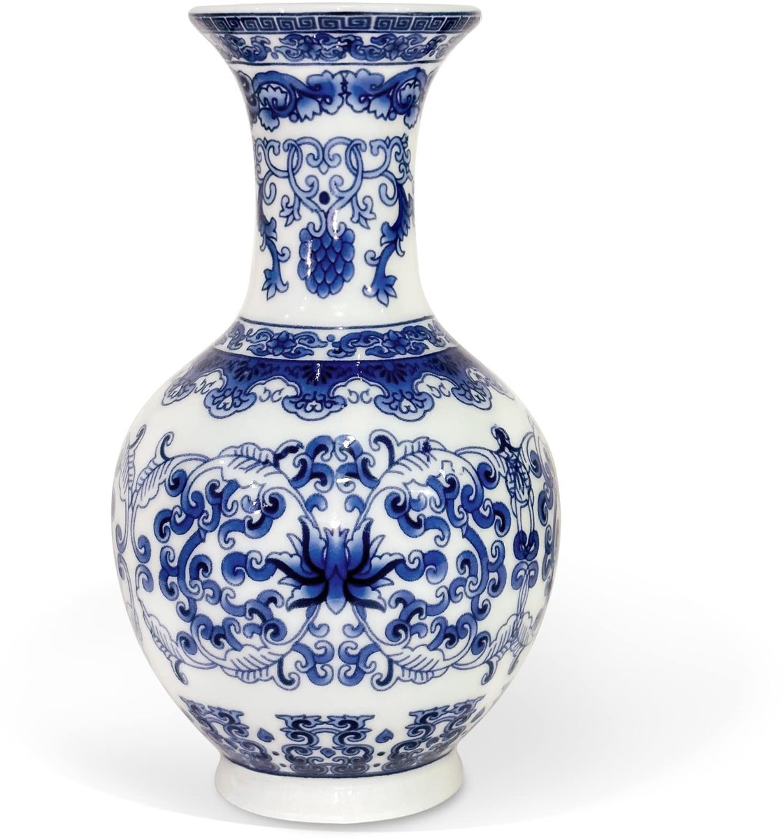 Omgoods - Kleine Blauwe en Witte Porseleinen Vaas, 14 cm