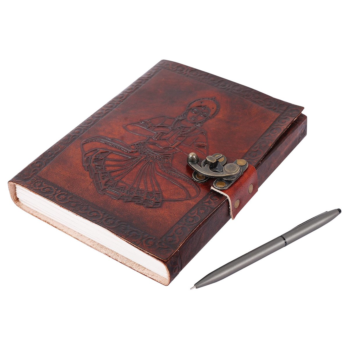 Omgoods - Handgemaakt Leren Diary met Bharatnatyam Design 15x20cm