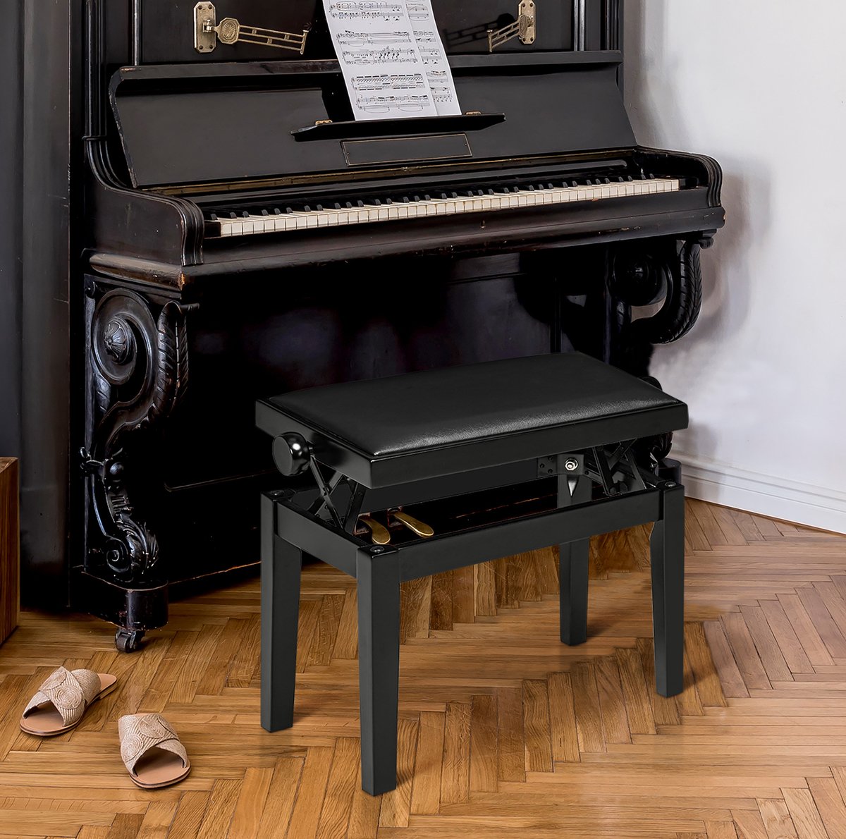 COVREO Klavierhocker 63 x 33 x 45-56 cm zwart, kunstleer met verstelbare zitting