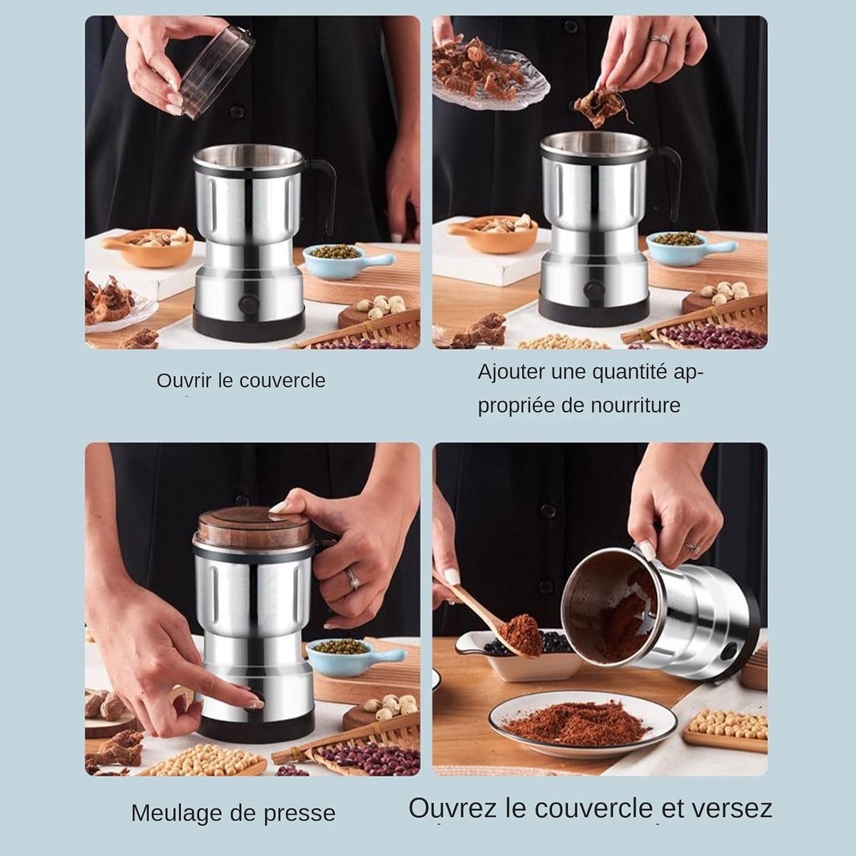 Multifunctionele elektrische graanmolen van roestvrij staal, 500 ml, Geschikt voor het malen van granen, koffie en kruiden; instelbare maalgraad.