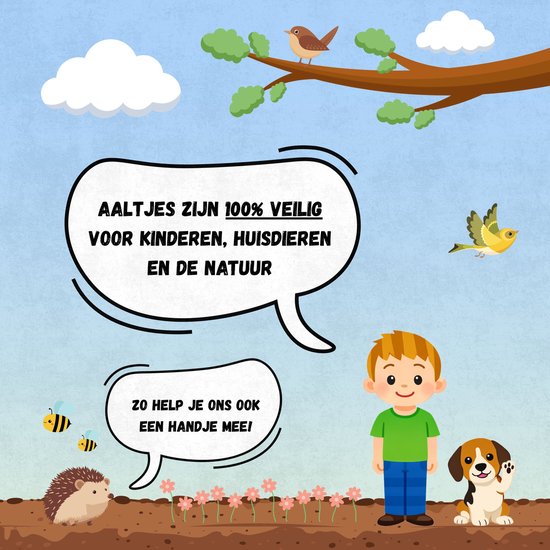 Kinderen, huisdieren en natuur met tekst 'AALTJES ZĲN 100% VEILIG VOOR KINDEREN, HUISDIEREN EN DE NATUUR' en 'ZO HELP JE ONS OOK EEN HANDJE MEE!'