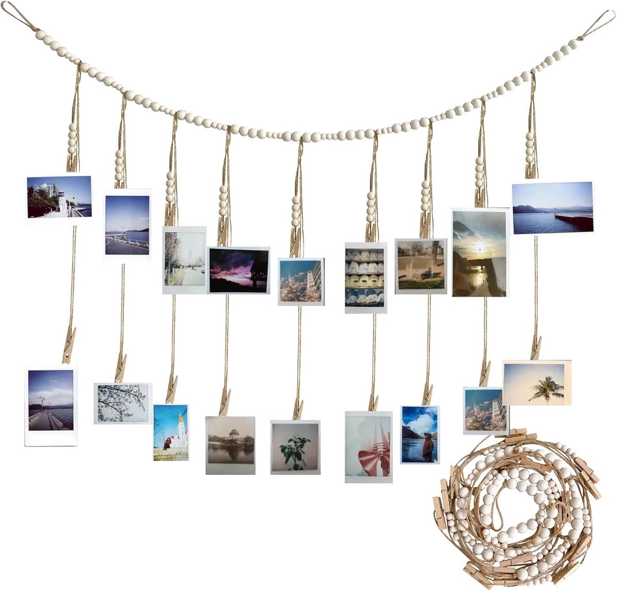 Set of 2 Collage Photo Clips Holder Cord, Wooden Beads Hanging Photo Display with 18 Pcs Wooden Clips, Boho Beads Cord - ShopVlot