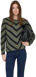 Model draagt een groene trui met zwarte chevron-strepen en donkere jeans, vasthoudend aan een zwarte tas.